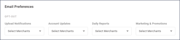 a screenshot in Feefo of 4 drop down menus, allowing you to select your preferences of opting in or out of notifications