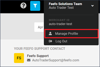 a screenshot in Feefo of the dropdown menu in the top right hand corner. Manage profile is highlighted to select