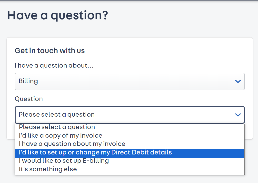 a screenshot of the contact us page with drop down menus
