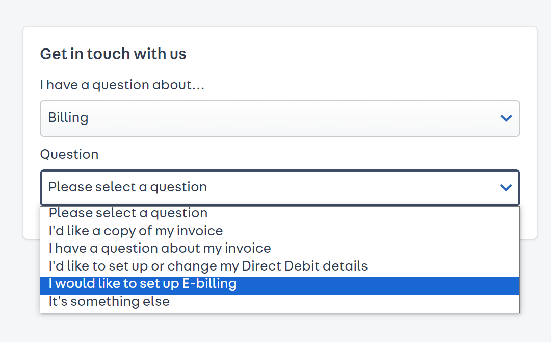 a screenshot showing the drop down menu of where to select 'Billing' and 'I would like to set up E-Billing'