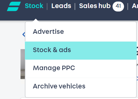 a screenshot of the portal home screen showing there to click 'stock' and then a drop down menu showing where to click 'stock & ads'. This is the section option on the drop down menu