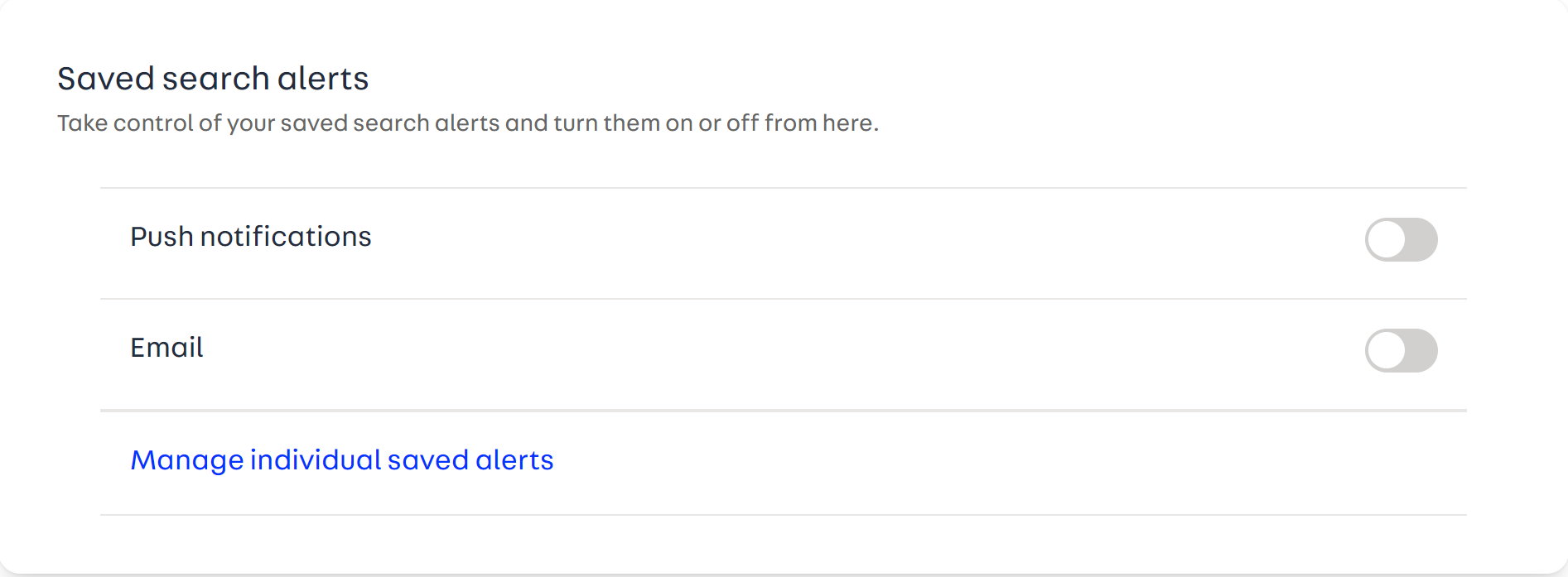 a screenshot of 'Saved Search alert' toggle bar, demonstrating how you can chose either email or/and push notifications to recieve your alerts