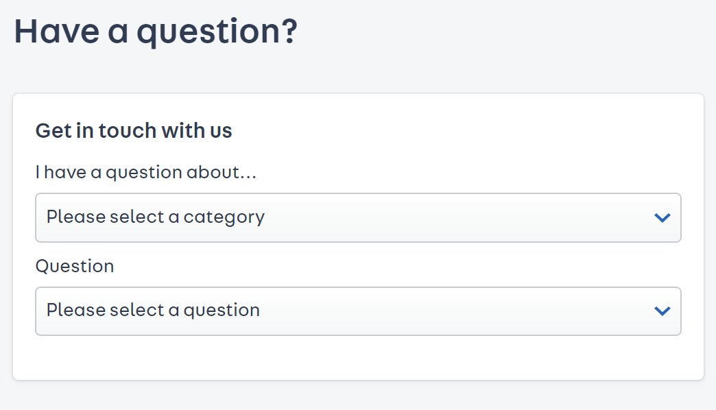 a screenshot of the support page - there are two drop down menus and a place to leave comments