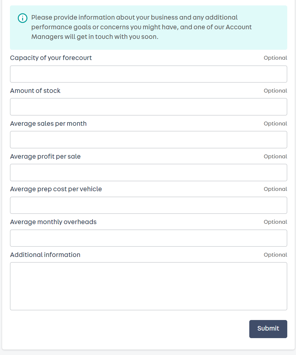a screenshot of the form to fill out about your business goals. Submit is at the bottom which needs to be selected when all parts are filled out