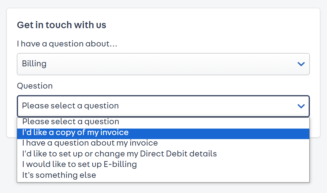 a screenshot of the contact us page with the drop-down menus
