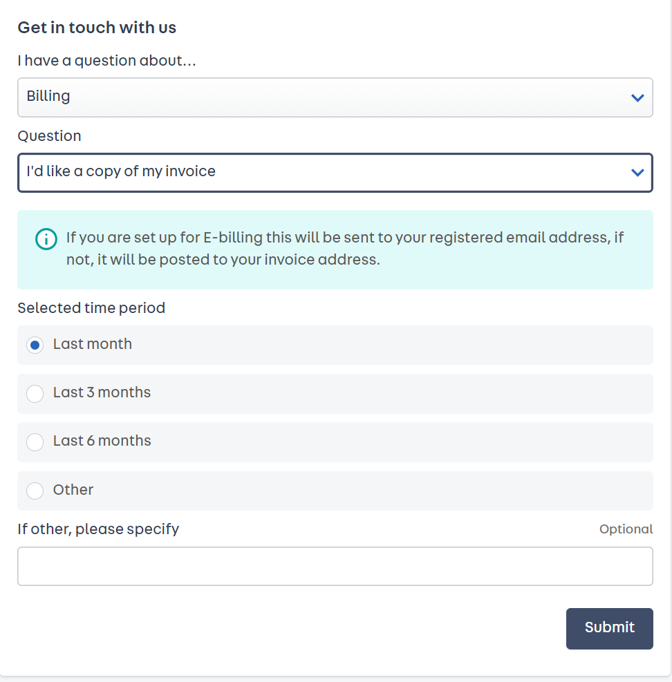 a screenshot of the next section of the drop-down menu where you fill out the details of what invoice you would like