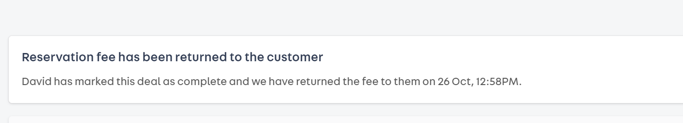 a message saying the reservation fee has been returned to the customer