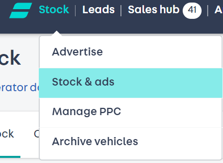 a screenshot of portal  on the top toolbar. 'Stock' is selected and on the drop down menu 'stock and ads' is selected