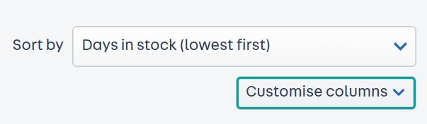 'days in stock(lowest first) is selected from the drop down menu by 'sort by'. 'Customise columns is beneath this and is highlighted'. 