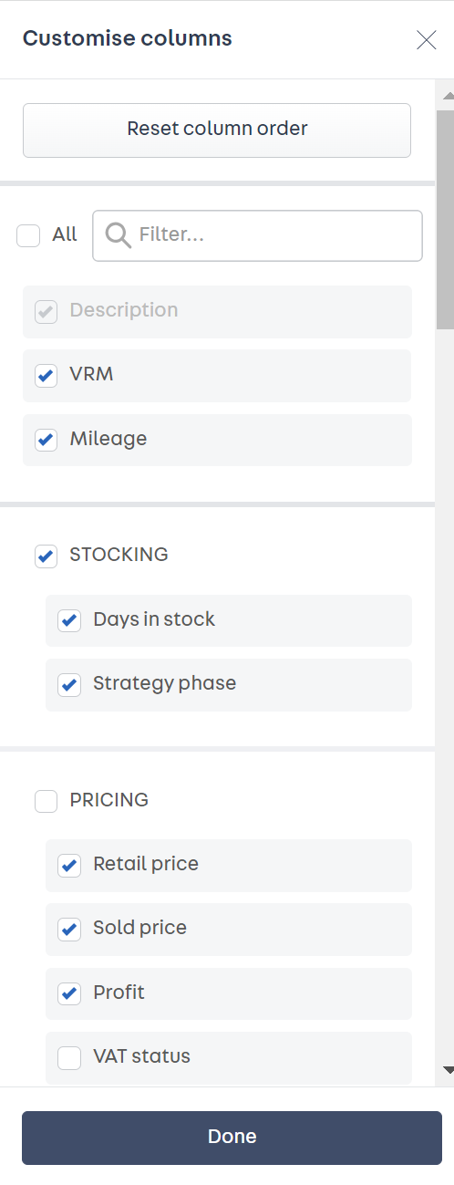 a screenshot of the side menu. There is a button at the top to 'reset column order'. Beneath that is the filter search bar. Beneath that is a ticked list of different ways to customise your portal stock list