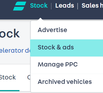 screenshot of Portal toolbar at the top. Stock is selected and then on the drop down menu stock & ads is selected