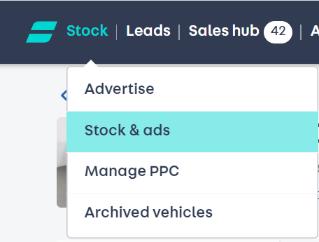 a screen shot of Portal. 'Stock' is selected on the top toolbar and then on the drop down menu 'stock and ads' is selected.