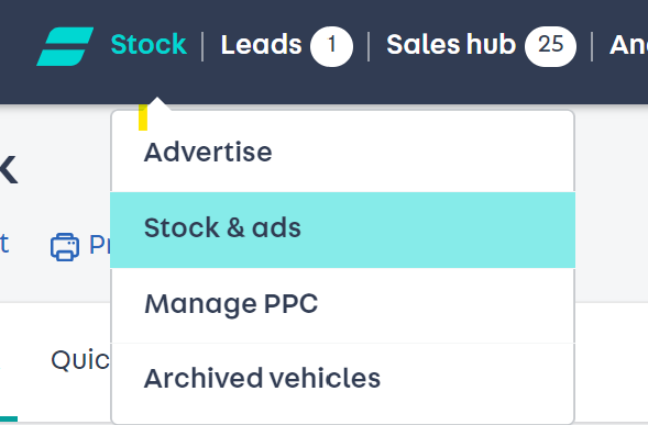  a screenshot of Portal - it is zoomed into the right hand corner where 'Stock' and then 'Stock & ads' is selected from the drop down menu