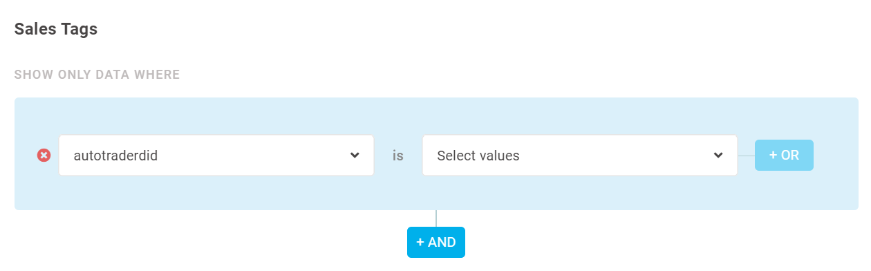 a screenshot from Feefo beneath 'Sales Tag' showing the two drop down menus - autotraderdid and another box saying 'select values'
