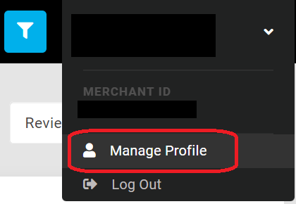 a screenshot of the drop-down menu when you select your name in Feefo. This is in the top right hand corner of the Feefo Landing page. Manage profile is circled in red.