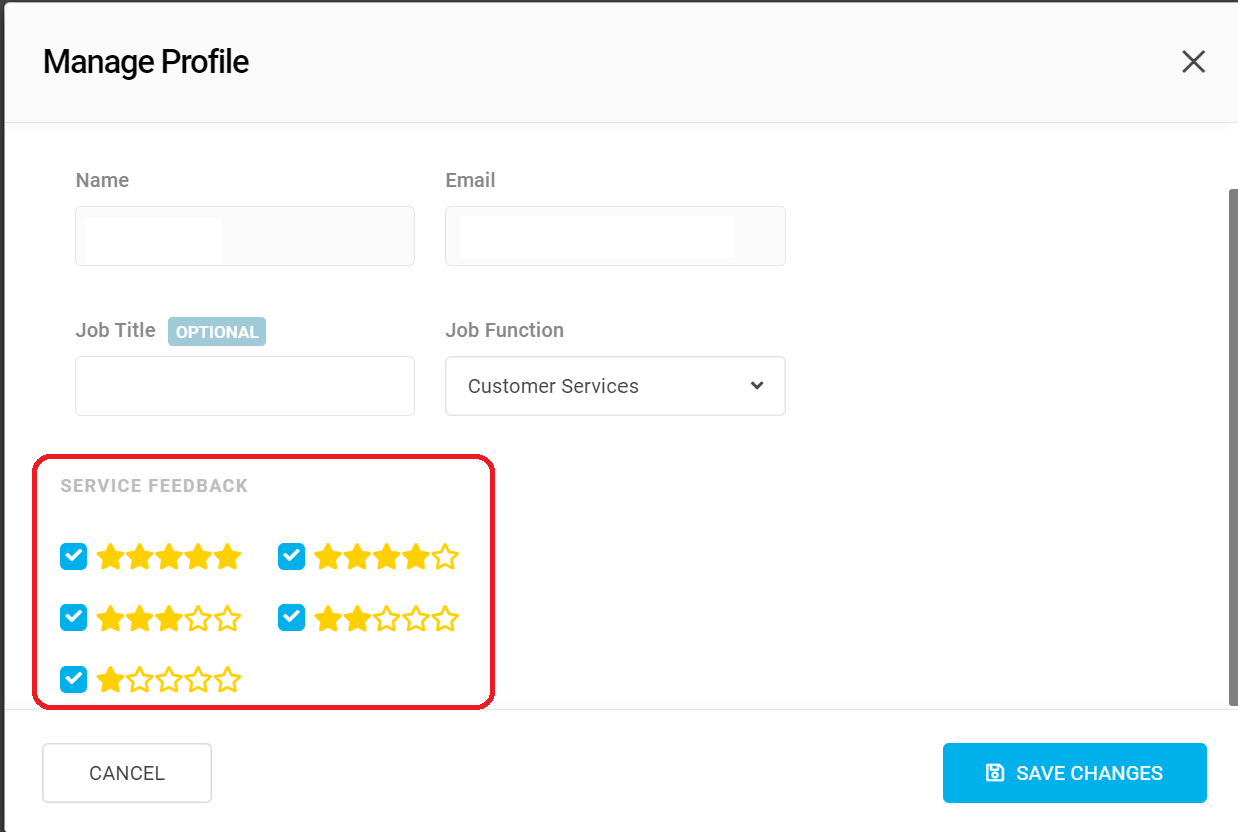 a screenshot of the pop then appears when you select 'manage profile' it includes your basic details and an image of each of the star ratings. Next to each of these star ratings there is a tick box. Save changes is at the bottom in a blue button.  