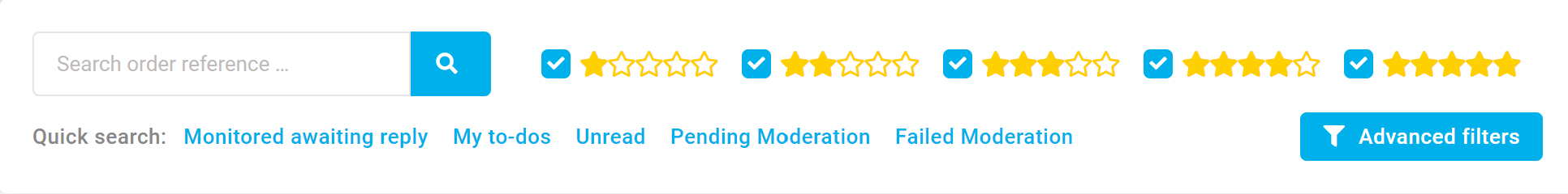 a screenshot of what is on screen what you select 'Feedback' There is a search bar where you input your order reference for a review. It also has a filter for the star ratings where you can select which ratings you want to search