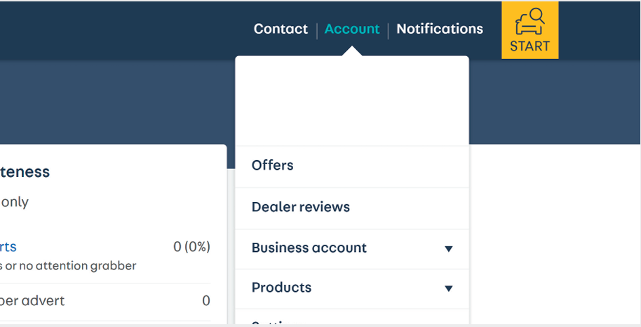 a screenshot of the main portal tool bar in the right hand corner. Account is selected and then in the drop down menu there is dealer reviews