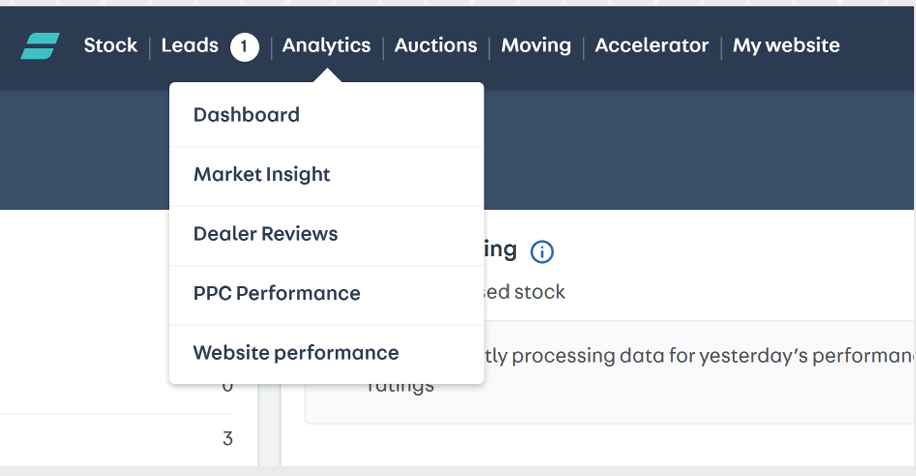 a screenshot of Portal's dashboard. Analytics is selected in the top tool bar and the drop down menu for dealer reviews is shown