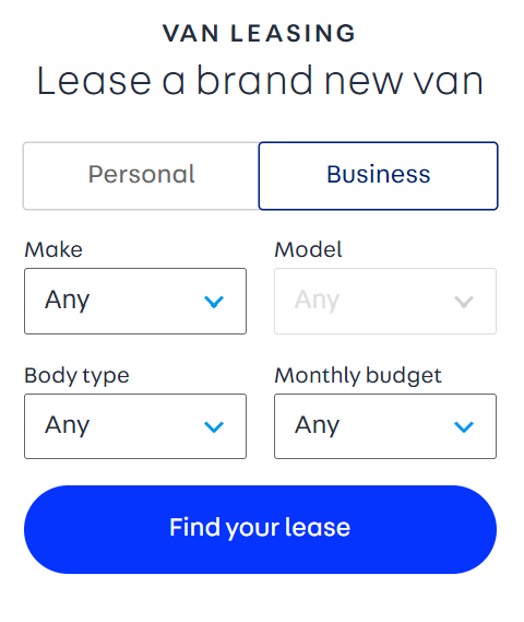 a screenshot of the search filters on the van leasing main page. You can toggle to either a personal or business lease. There are drop down menus to choose the make, model, body type and budget for your search.