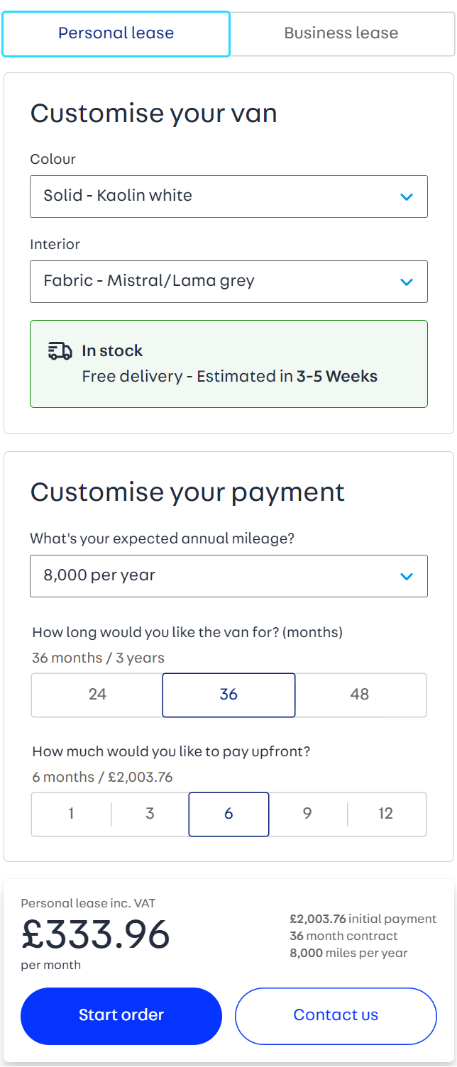 a screenshot of the section next to the image of the vehicle once you click on theat vehcile's advert. Here you can 'customise your van' and specify how long you want to have the leave fore. At the bottom it gives you an estimated price and the option to 'start order' or 'contact us'