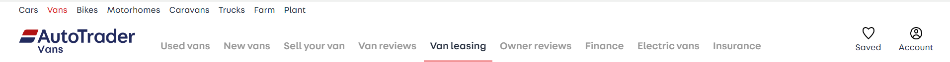 a screenshot of the headings at the top of the Auto Trader website. Vans and Van Leasing are selected.