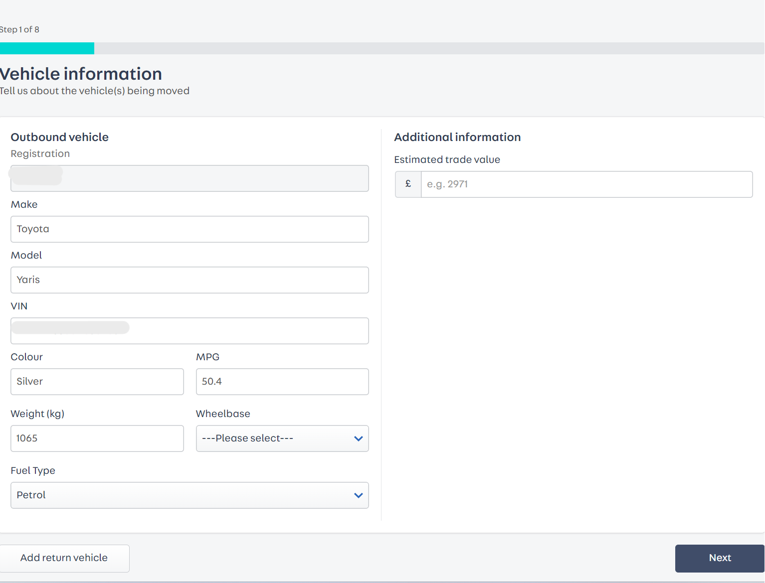 A screenshot of the section where you fill in the details about the vehicle you want to move