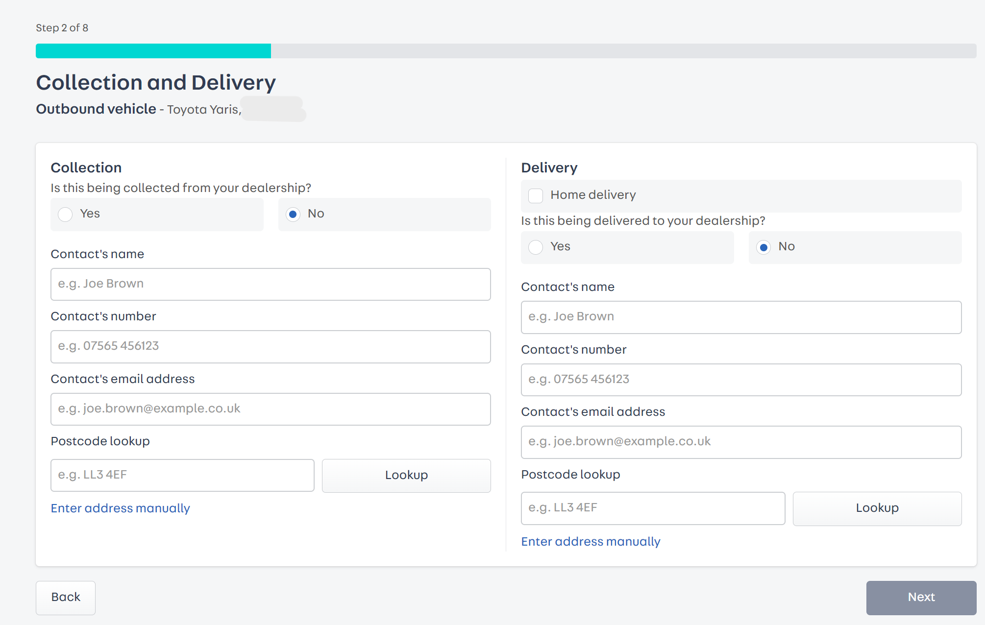 A screenshot of the section where you fill on contact details of both the person the vehicle is being collected from and who it is being delivered to.