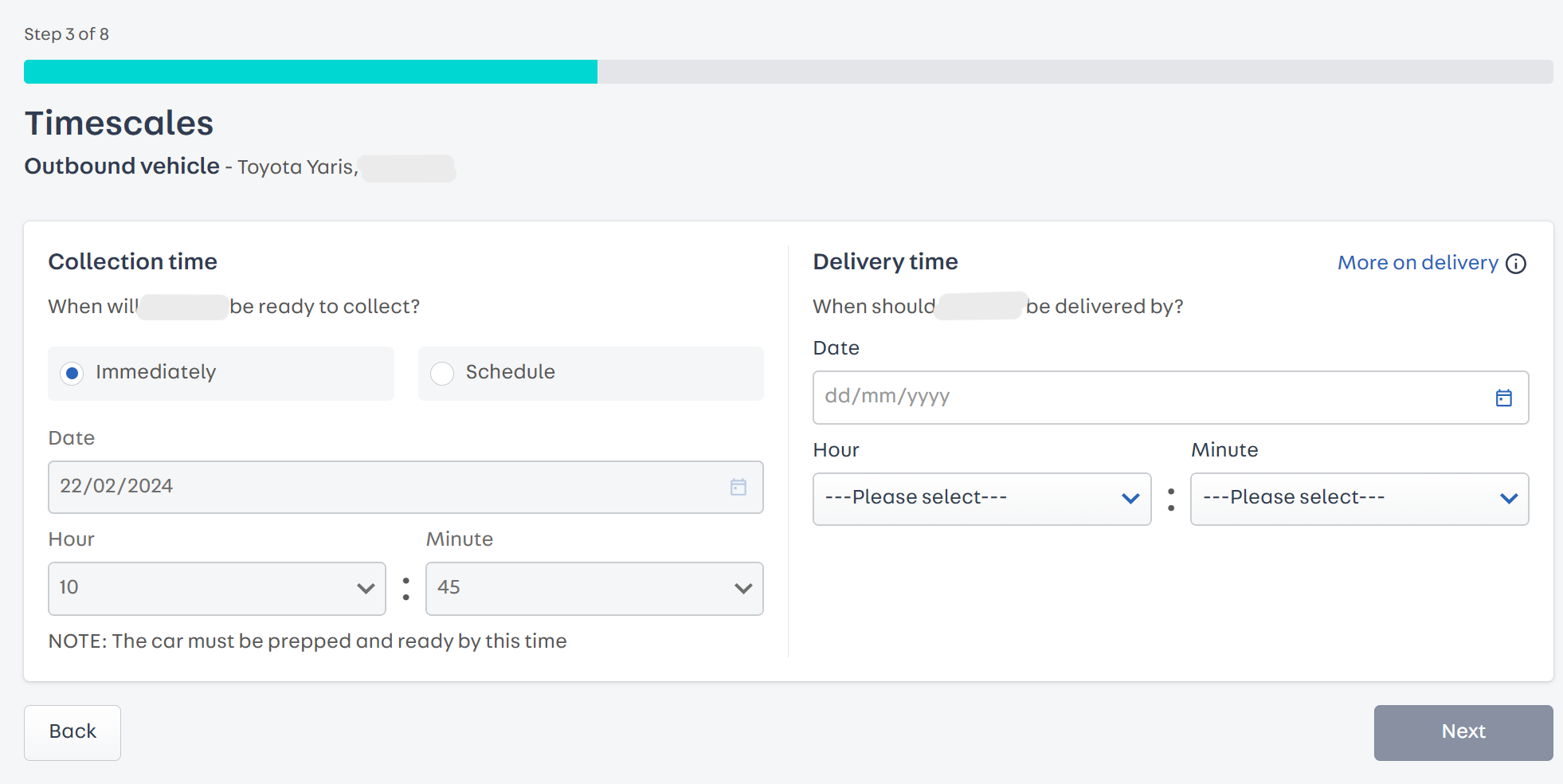 a screenshot where you fill in details of when the vehicle must be collected and delivered. You can use the drop down menus to decide dates and times