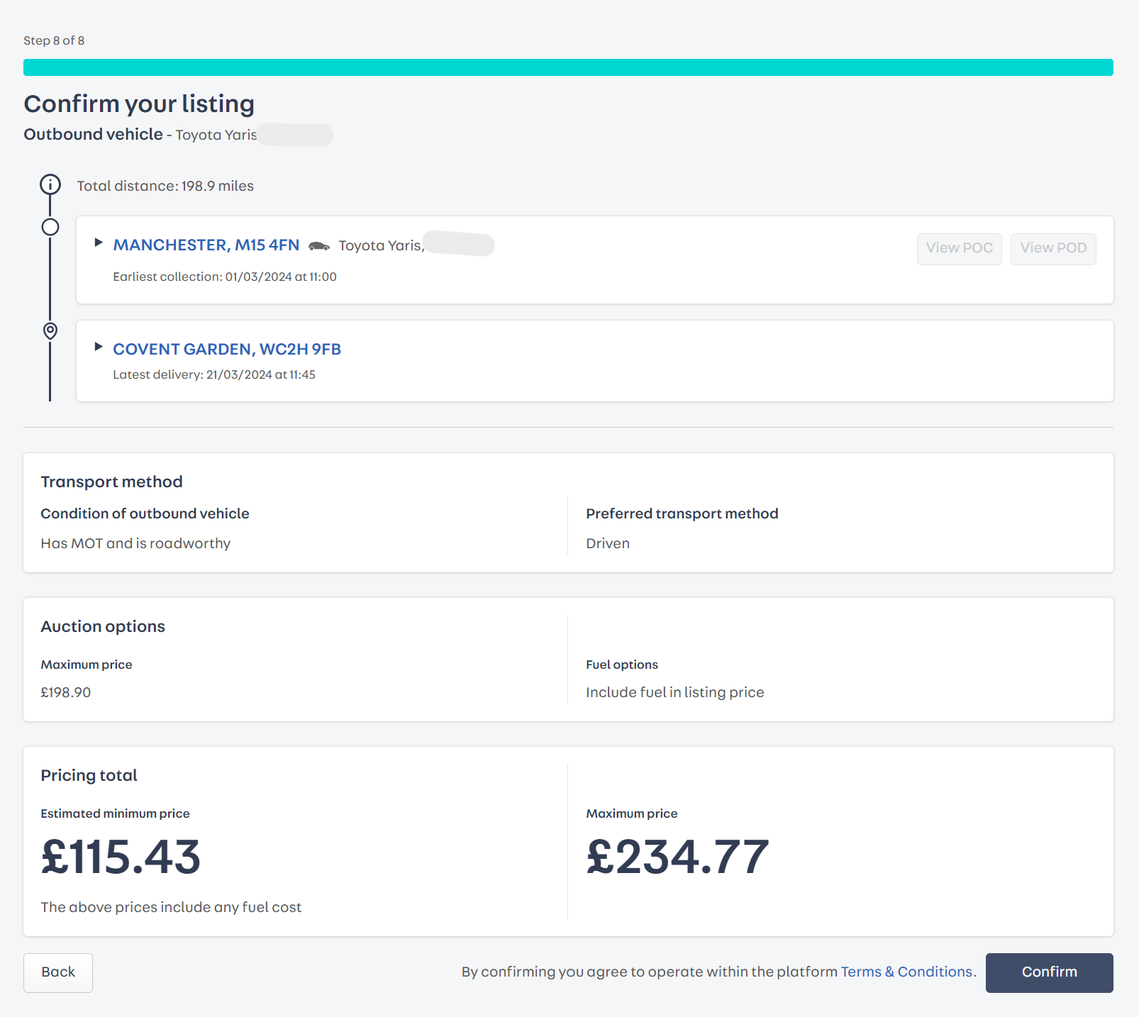 a screenshot of the eigth and final step. This includes the final price and a summary of all the details.