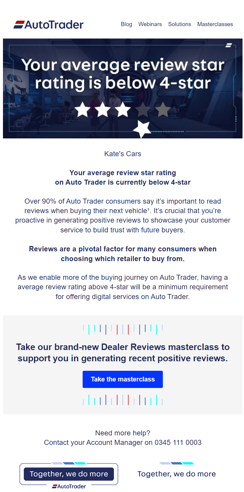 screenshot of an example email telling you your star rating has dropped below 4 stars