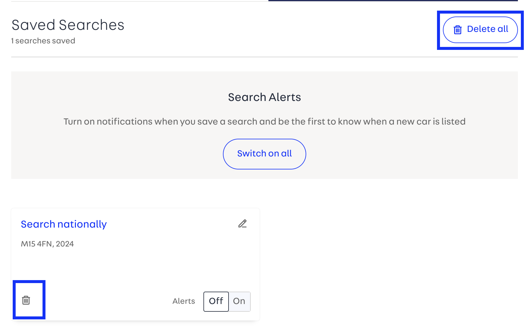 Screenshot of the saved search area in an Autotrader account. The option to delete all and the bin icon are highlighted