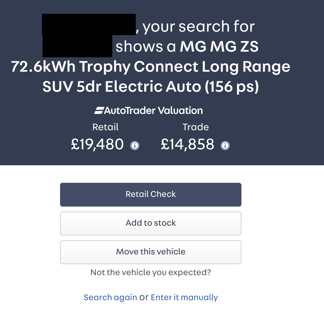 Screenshot of Portal showing confirmation of the vehicle registration lookup and initial Auto Trader valuation. There are some options presented to choose from: retail check, add to stock, move this vehicle, search again or enter it manually