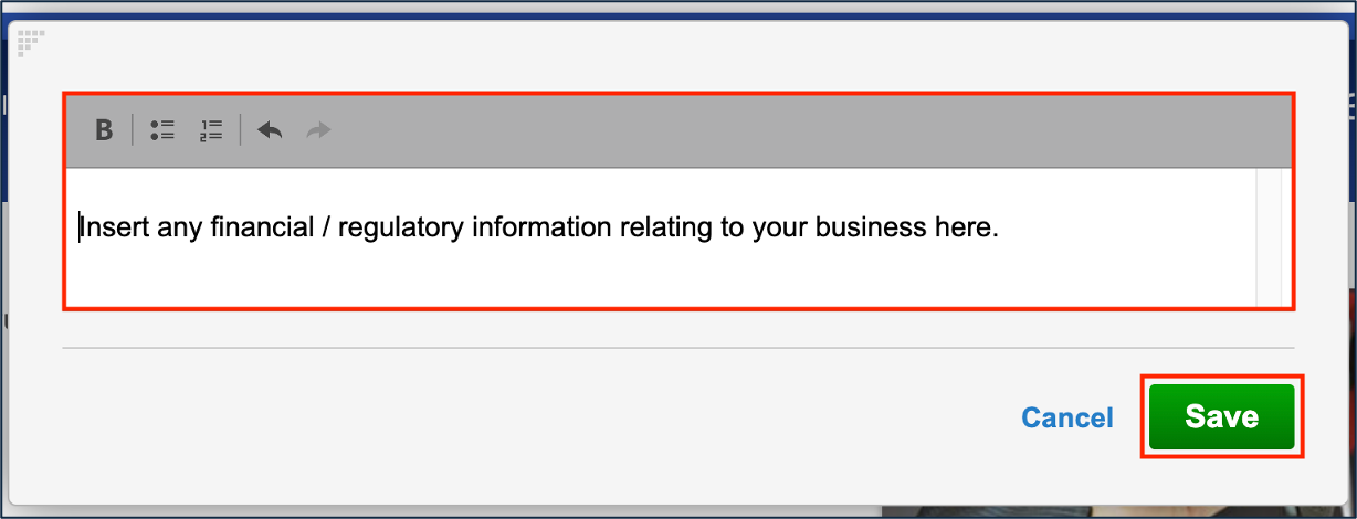 screenshot of the text box where you write your financial information.