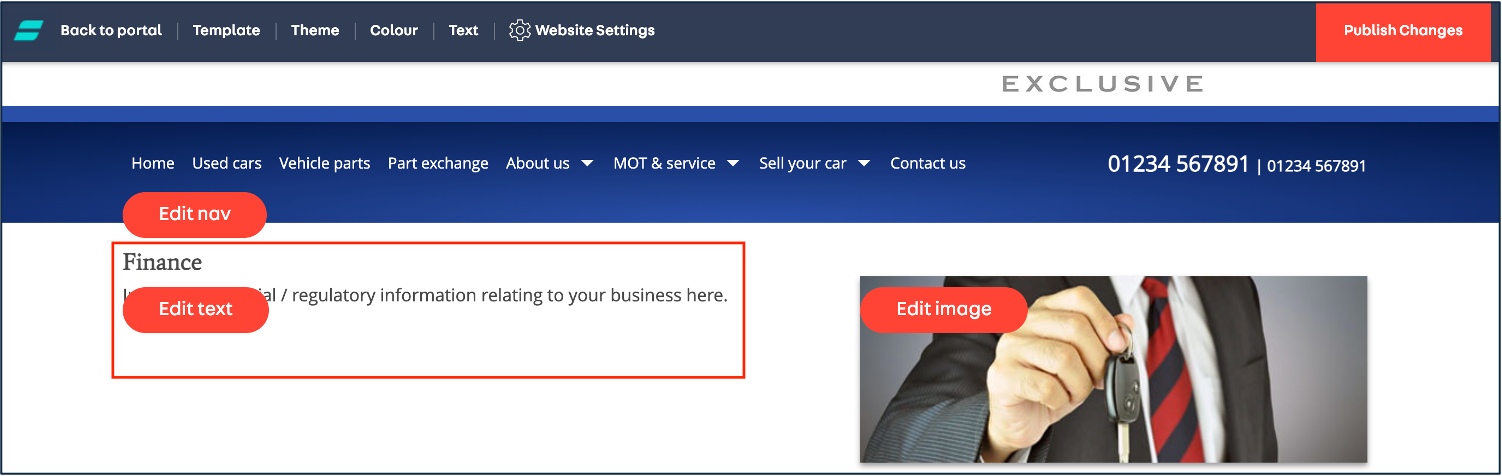 Screenshot of website manager. Publish changes is in the top right hand corner.