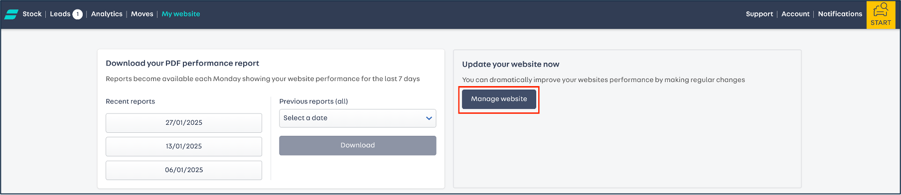 screenshot of the 'my website' section of Portal. On the right hand side is the button for 'Manage website'