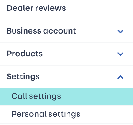 Screenshot of the menu with call settings highlighted