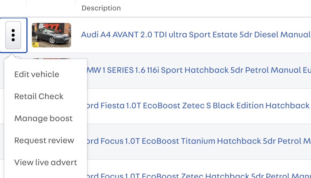 Screenshot of a stock list. The user has selected the three dots next to the vehicle. a drop down menu has appeared and it includes 'Manage PPC'