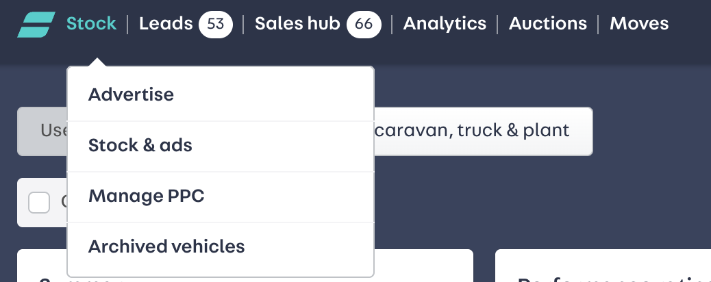 Screenshot of Portal's top tool bar. Stock is selected and the drop down menu has appeared