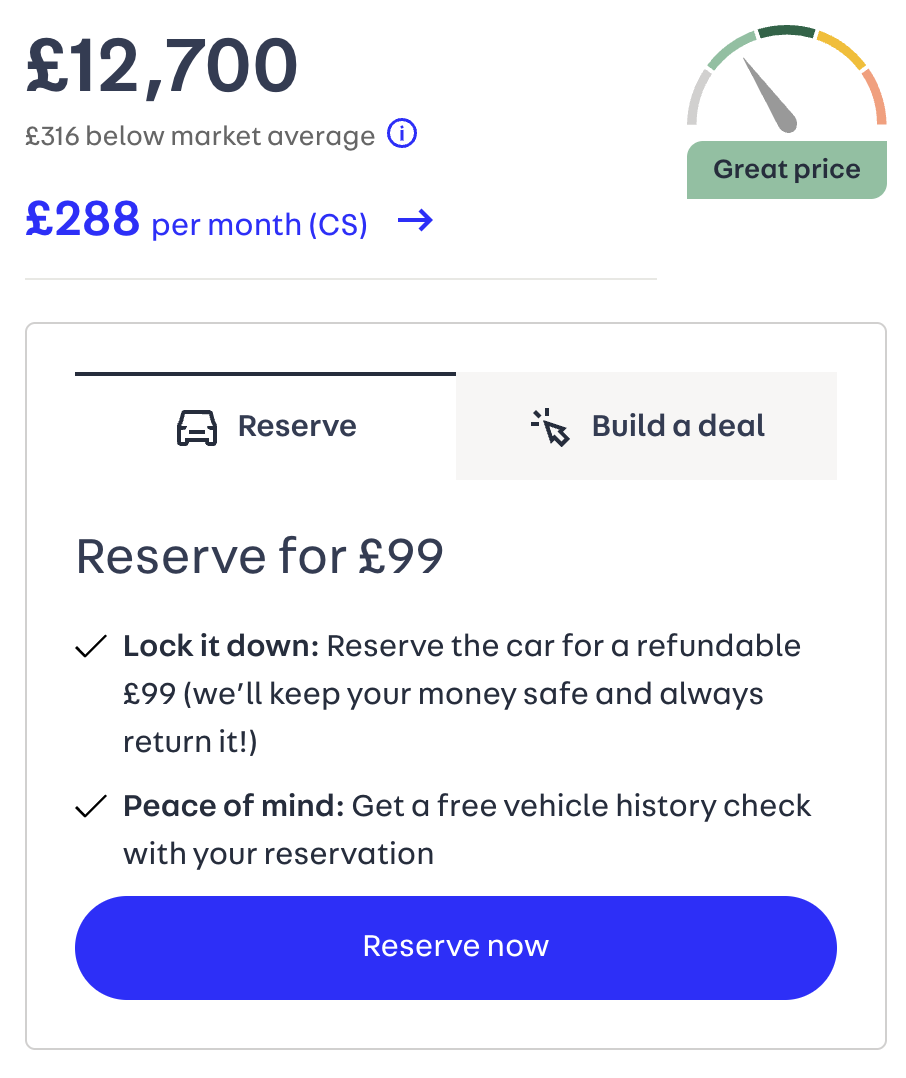 Picture showing the options to reserve or build a deal.
