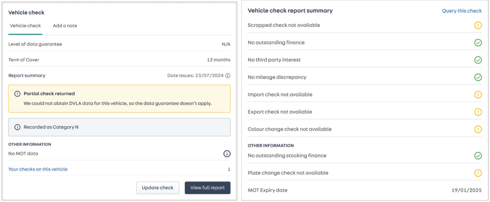 Screenshot of a partial vehicle check in Portal. 