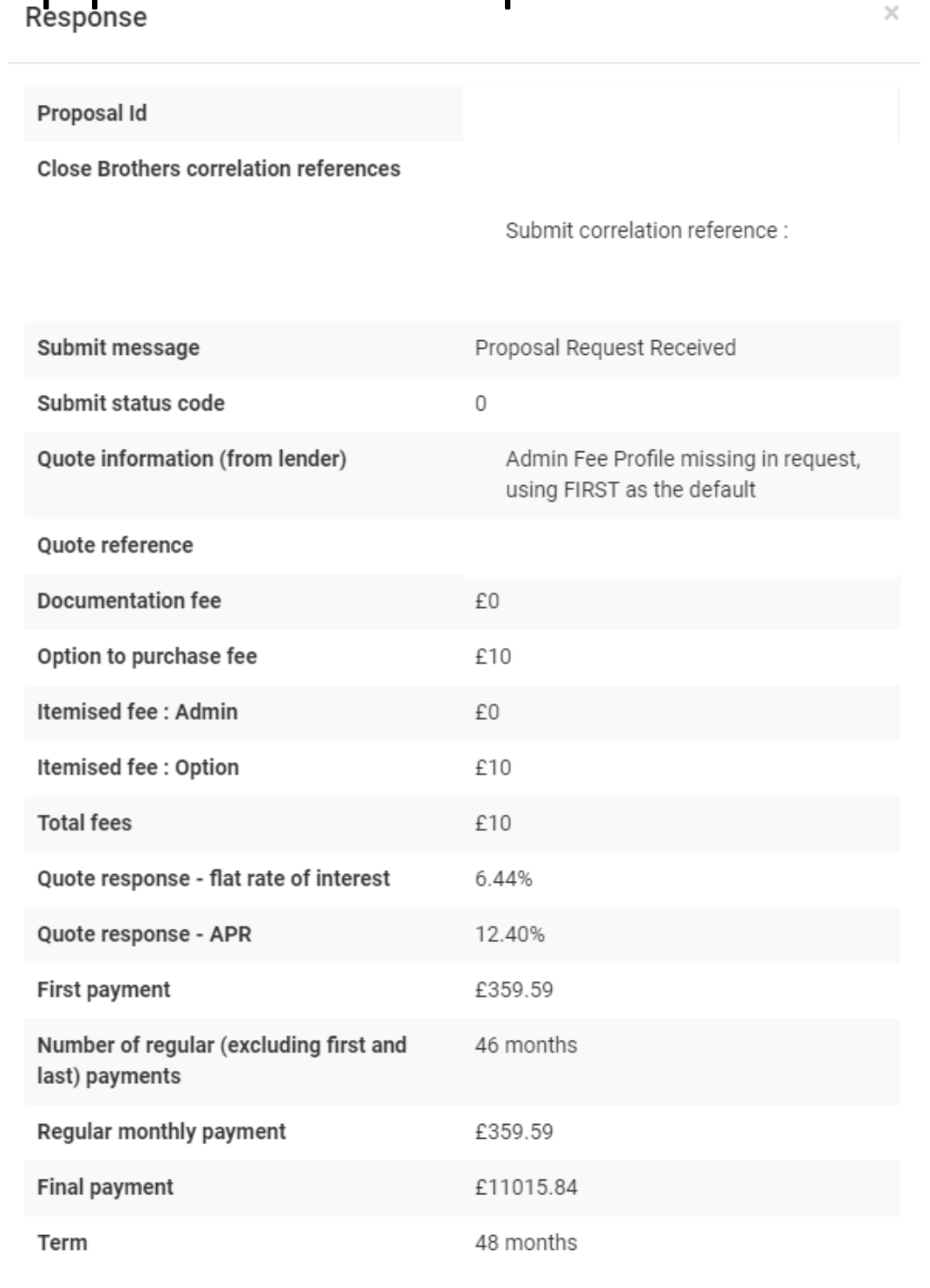 Screenshot of an example proposed quotation