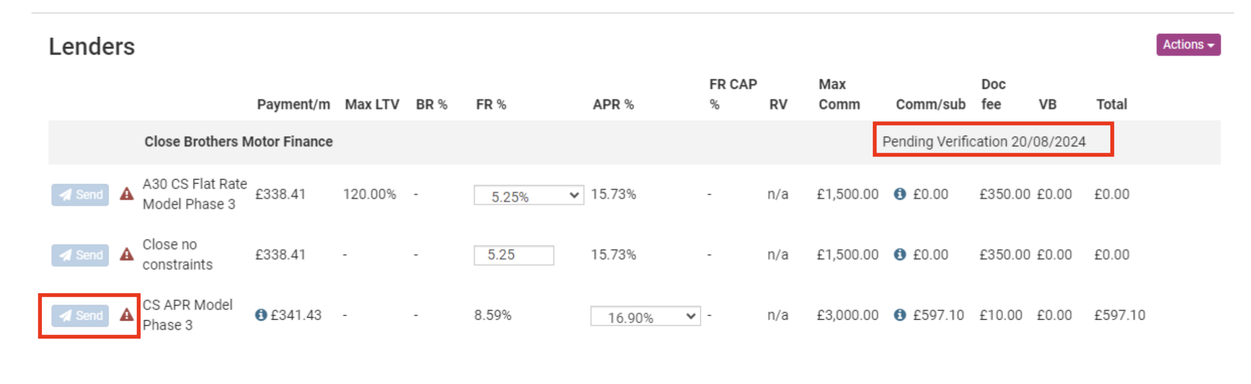 Screenshot of the 'Lenders' section highlighting the 'Pending verification' status time stamp and the greyed out 'Send' buttons
