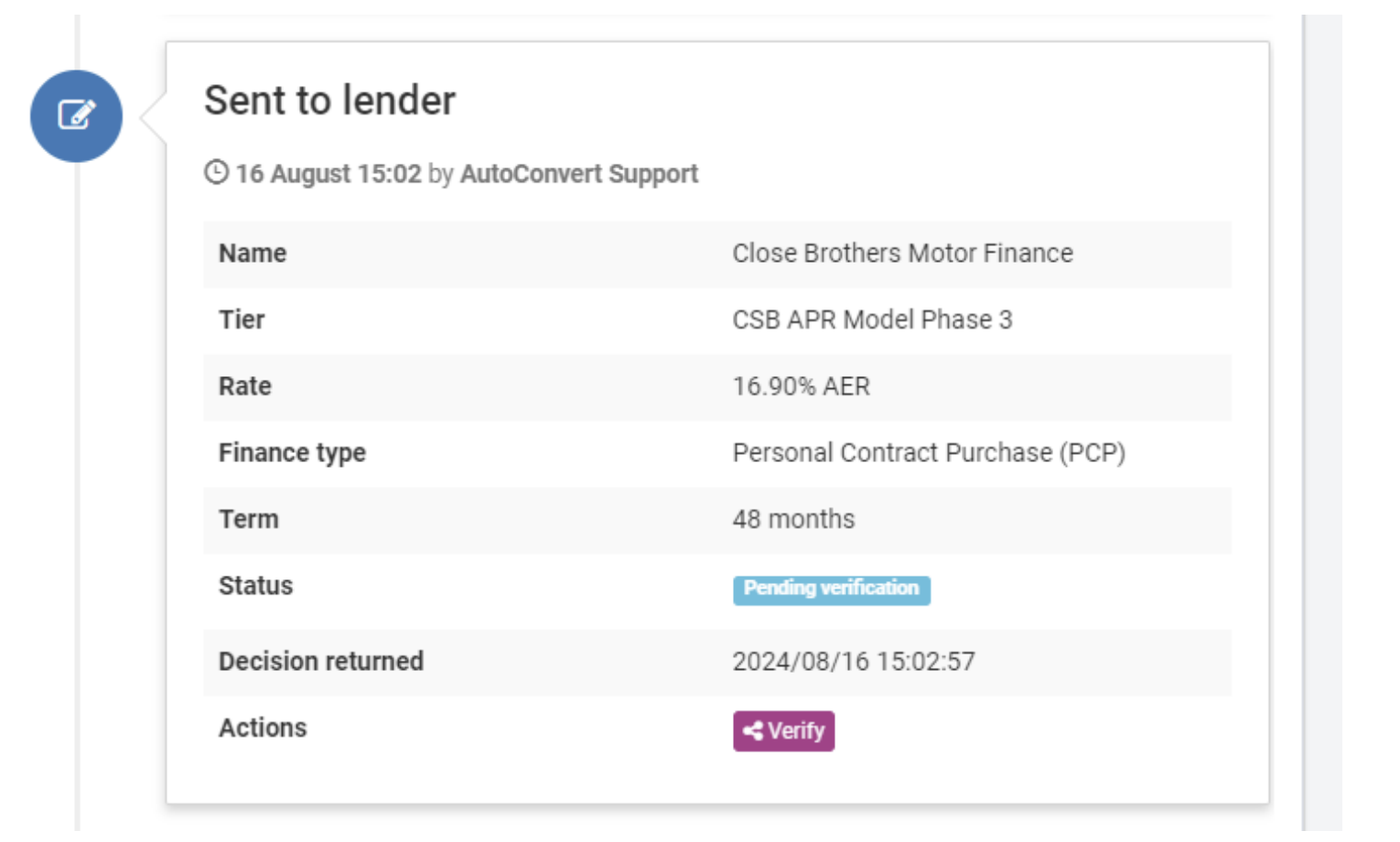 Screenshot of a 'Sent to lender' update in the activity feed, showing the status as pending verification