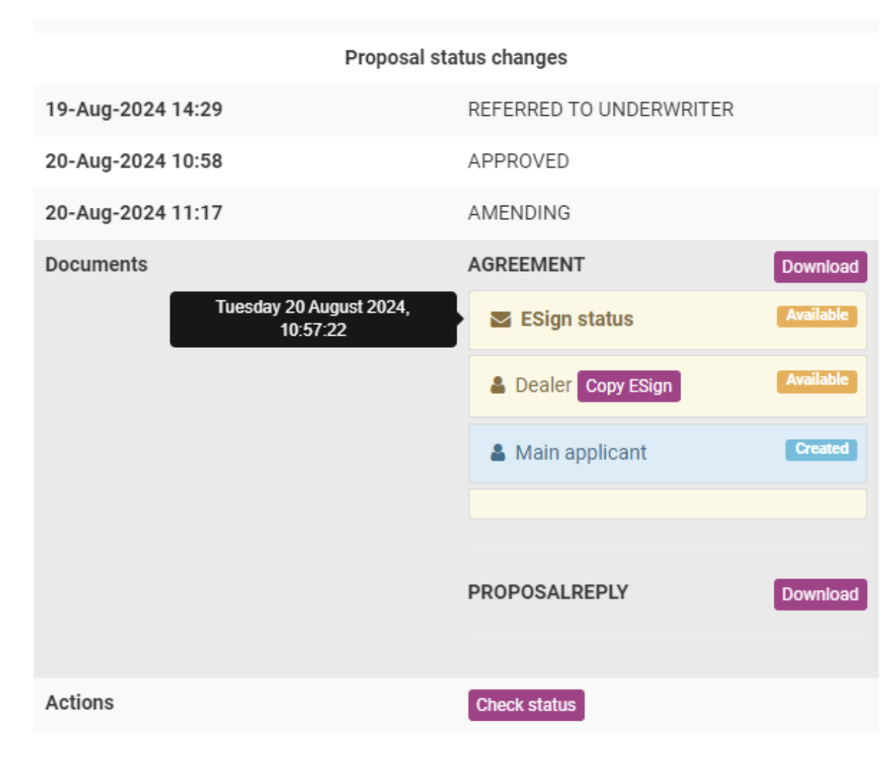 Screenshot of the 'Proposal status changes' section highlighting where the date will show when hovering over available documents for download