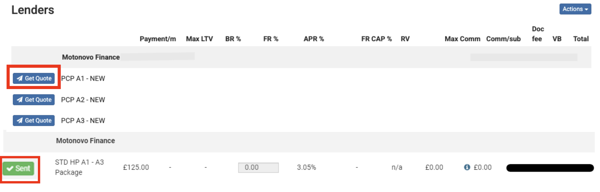 Screenshot showing the Lenders section with the 'Get quote' button and the 'Sent' button highlighted by a red square