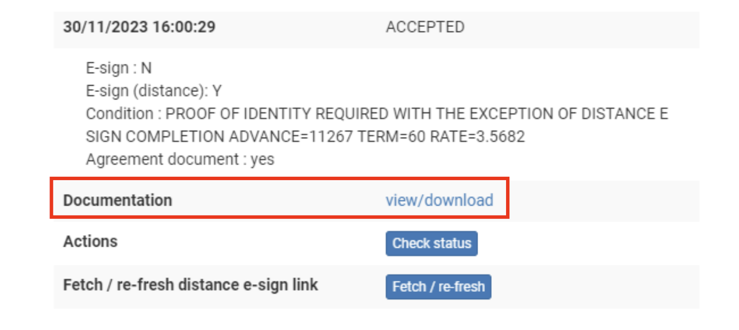 Screenshot highlighting the 'Documentation' line with the the 'View/download' link