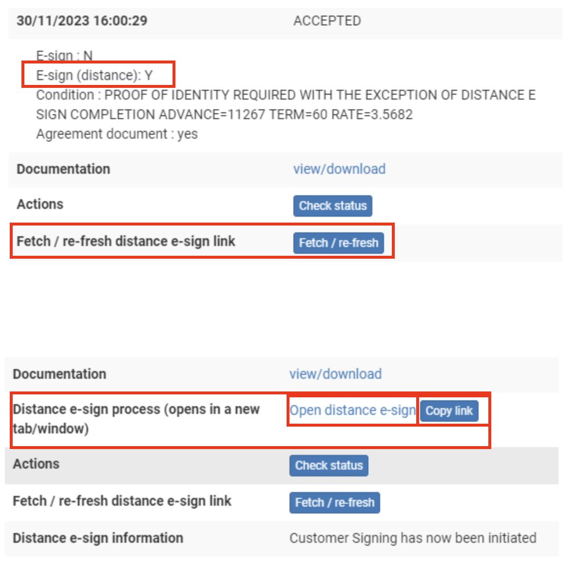 Screenshot showing the acceptance section with the 'E-sign (distance), 'Fetch/re-fresh distance e-sign link' and 'distance e-sign process (opens in a new tab/window)' sections highlighted