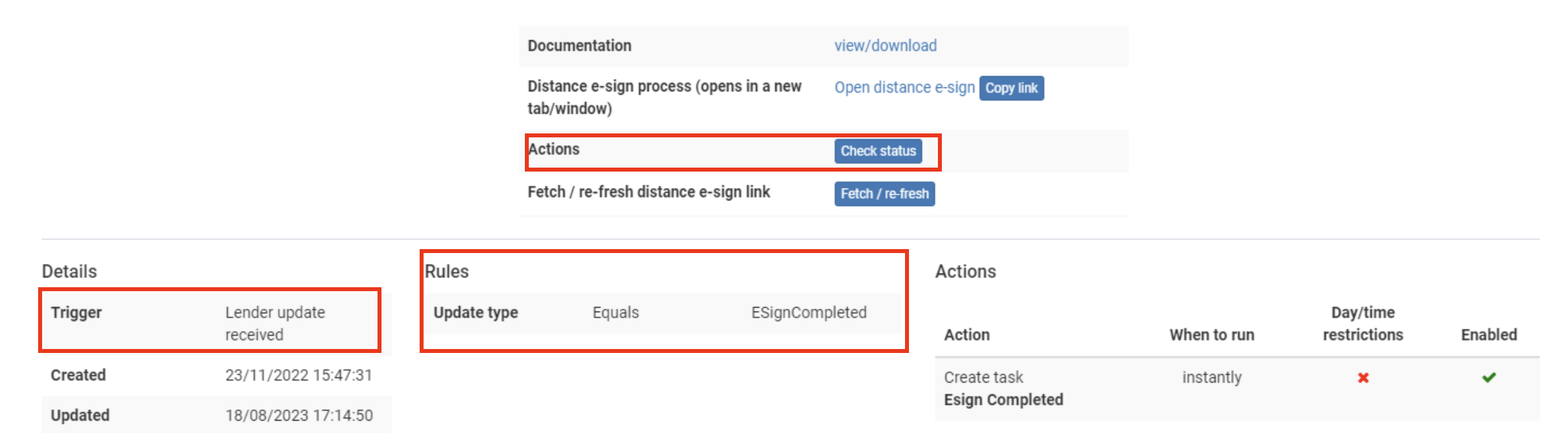 Screenshot showing the 'Check status' action button, the 'triggers', 'rules' and 'actions' section