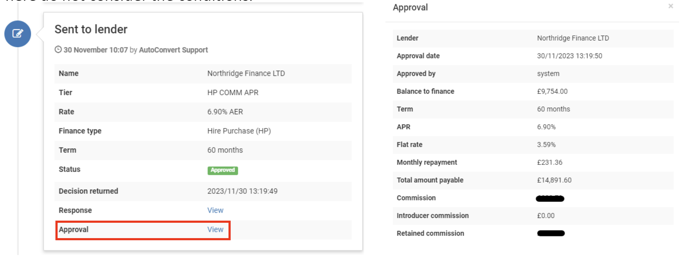Screenshot showing the 'Sent to lender' update in the activity feed and the information that appears when 'View' is selected on the 'Approval' line